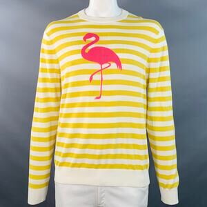 MR TURK Size L Yellow White Pink Flamingo Stripe Cotton Blend Crew Neck Pullover